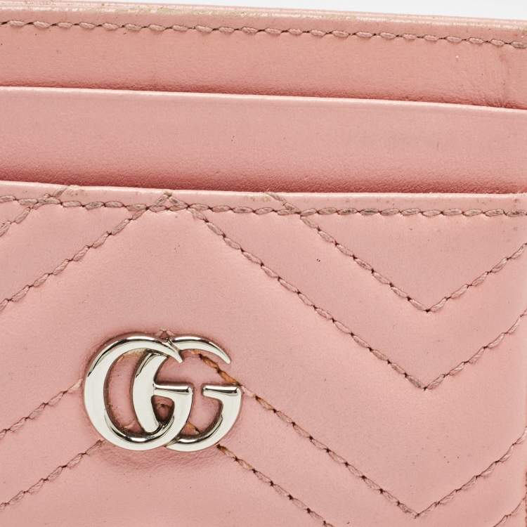 Pre Owned Gucci Pink Matelassé Leather GG Marmont Card Holder