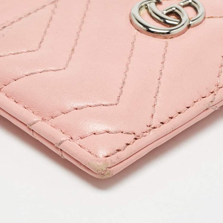 Pre Owned Gucci Pink Matelassé Leather GG Marmont Card Holder