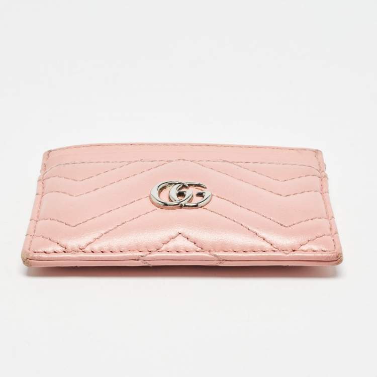 Pre Owned Gucci Pink Matelassé Leather GG Marmont Card Holder
