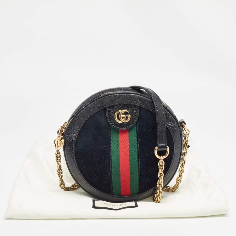 Pre Owned Gucci Black Leather and Suede Mini Web Ophidia Round Shoulder Bag