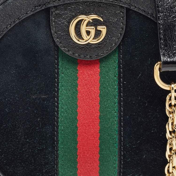 Pre Owned Gucci Black Leather and Suede Mini Web Ophidia Round Shoulder Bag