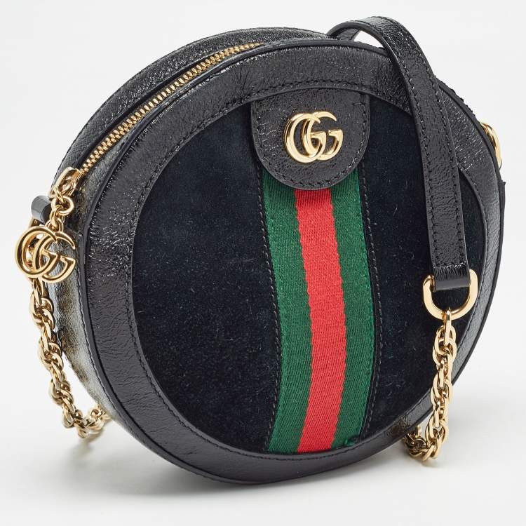 Pre Owned Gucci Black Leather and Suede Mini Web Ophidia Round Shoulder Bag