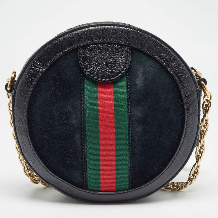Pre Owned Gucci Black Leather and Suede Mini Web Ophidia Round Shoulder Bag