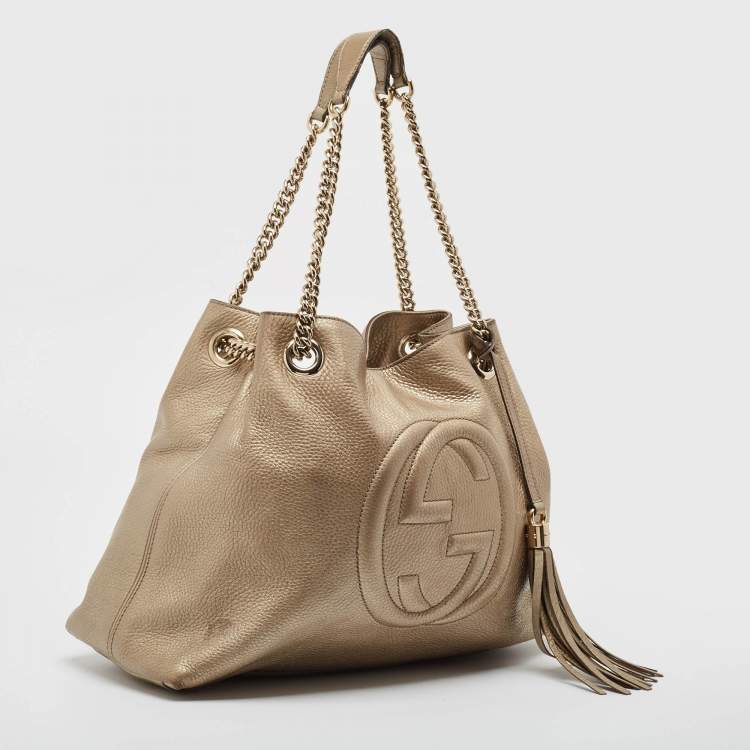 Pre Owned Gucci Light Gold Leather Medium Soho Chain Tote