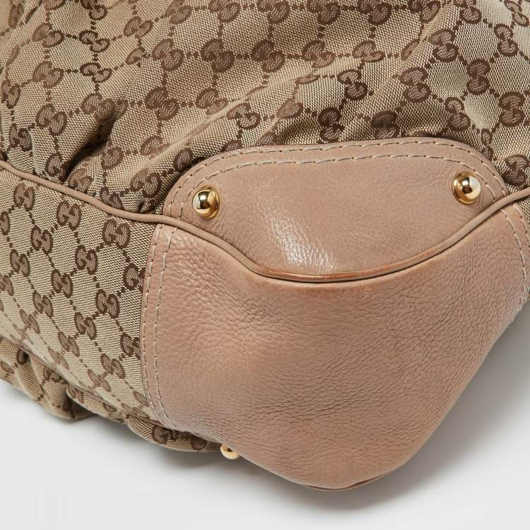 Pre Owned Gucci Beige/Brown GG Canvas and Leather Large Jockey Hobo