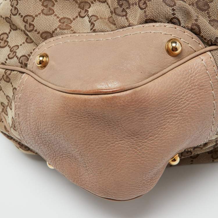 Pre Owned Gucci Beige/Brown GG Canvas and Leather Large Jockey Hobo