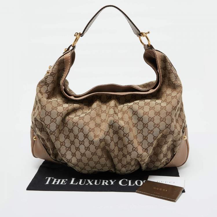 Pre Owned Gucci Beige/Brown GG Canvas and Leather Large Jockey Hobo