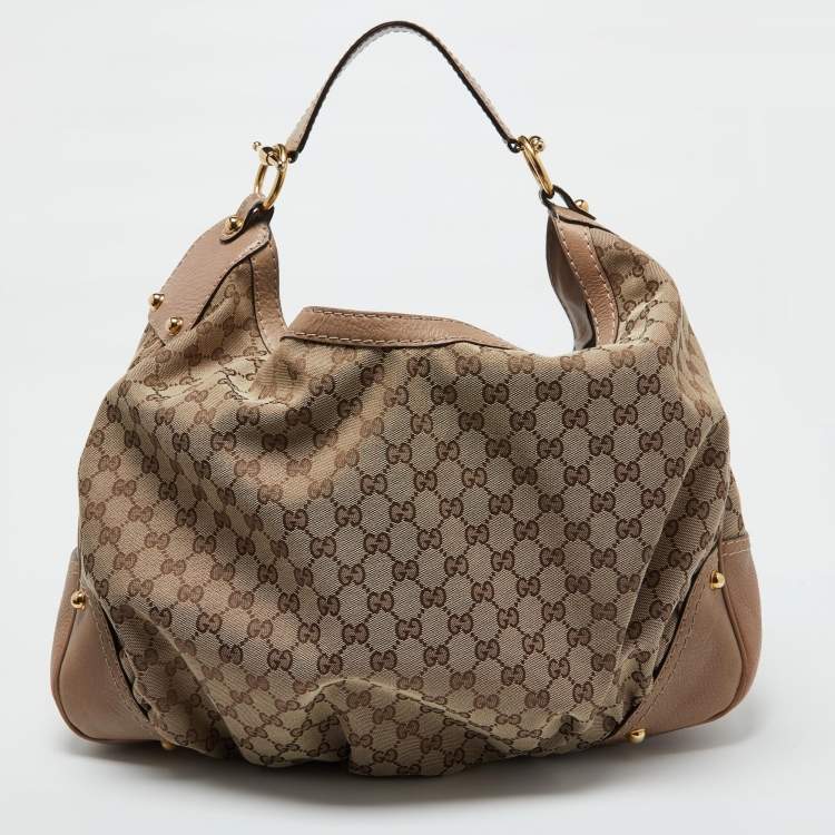 Pre Owned Gucci Beige/Brown GG Canvas and Leather Large Jockey Hobo