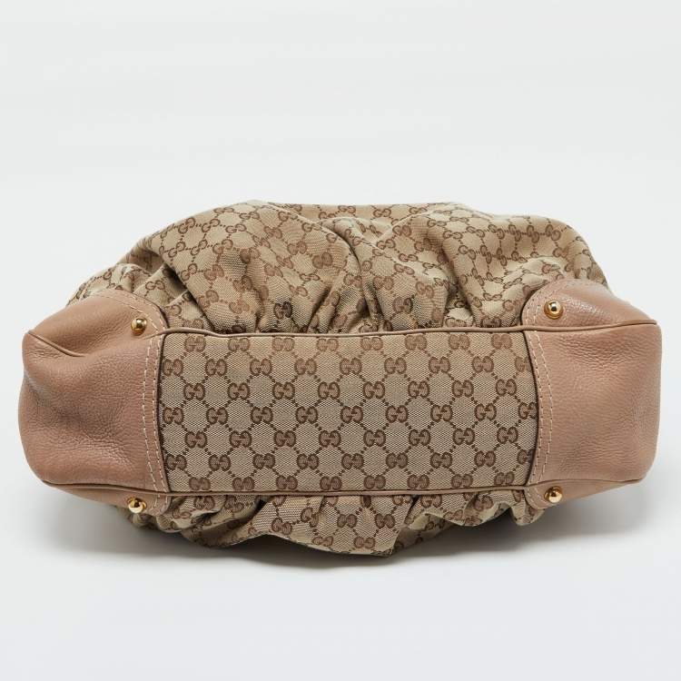 Pre Owned Gucci Beige/Brown GG Canvas and Leather Large Jockey Hobo