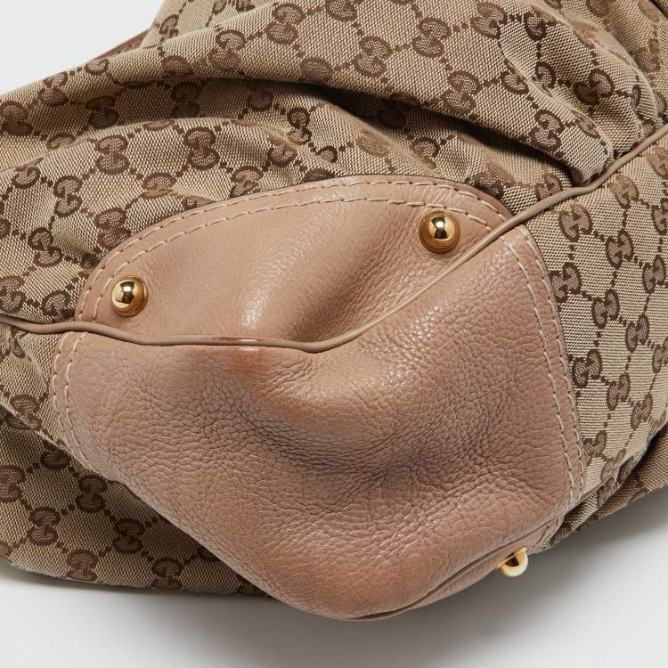 Pre Owned Gucci Beige/Brown GG Canvas and Leather Large Jockey Hobo