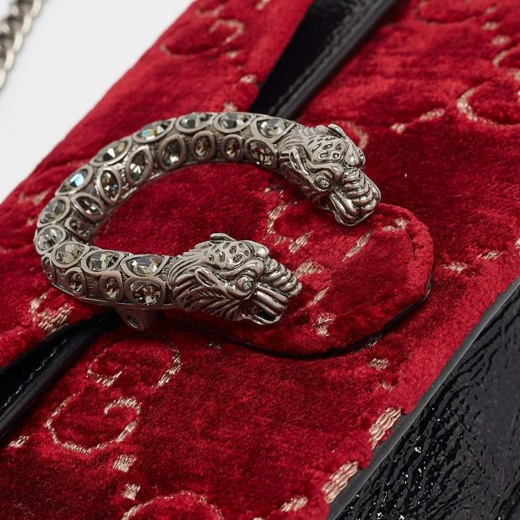 Pre Owned Gucci Red/Black GG Velvet and Patent Leather Super Mini Dionysus Shoulder Bag