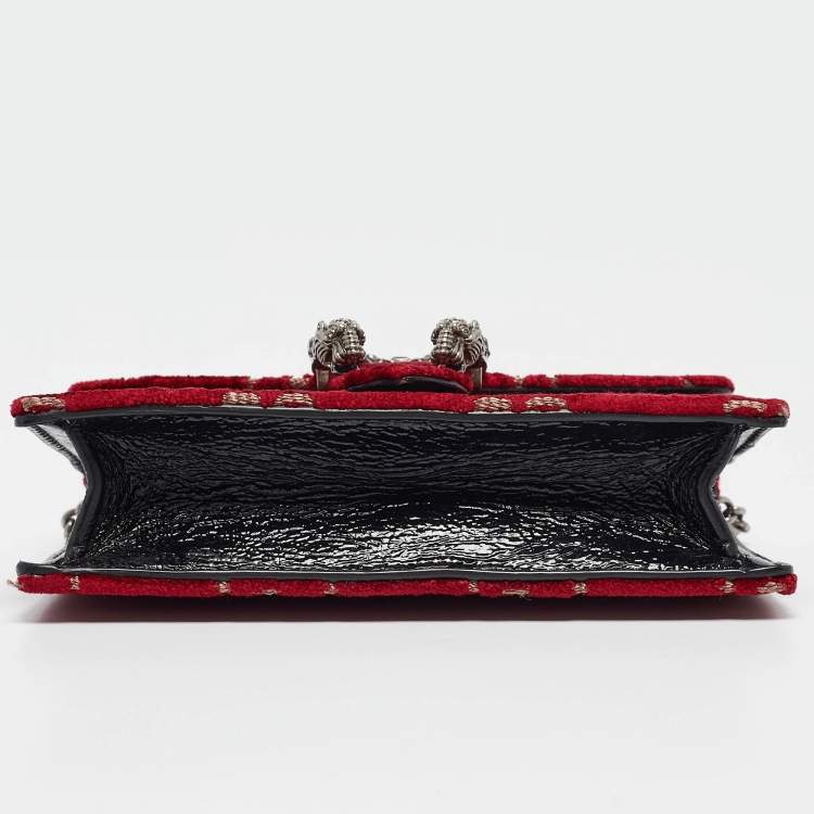 Pre Owned Gucci Red/Black GG Velvet and Patent Leather Super Mini Dionysus Shoulder Bag