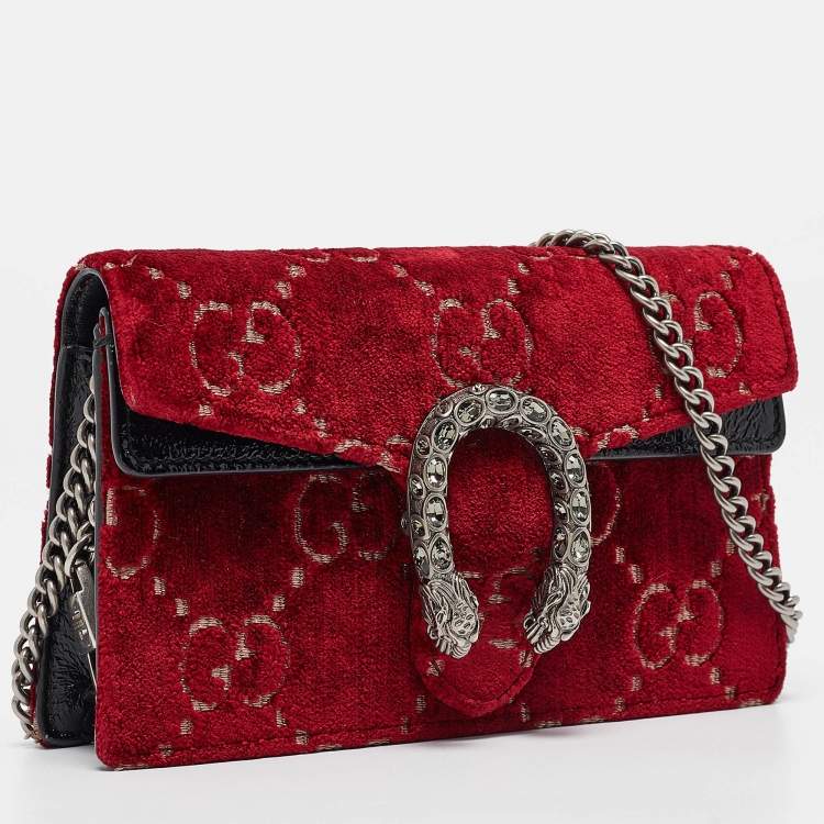 Pre Owned Gucci Red/Black GG Velvet and Patent Leather Super Mini Dionysus Shoulder Bag