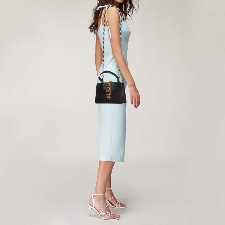 Pre Owned Gucci Black Leather Mini Web Chain Sylvie Top Handle Bag