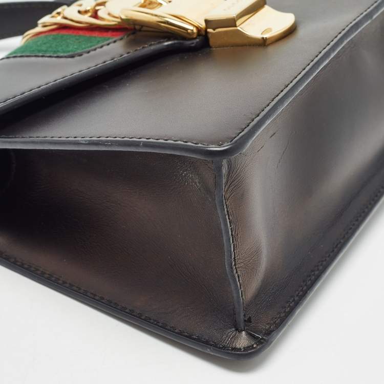 Pre Owned Gucci Black Leather Mini Web Chain Sylvie Top Handle Bag
