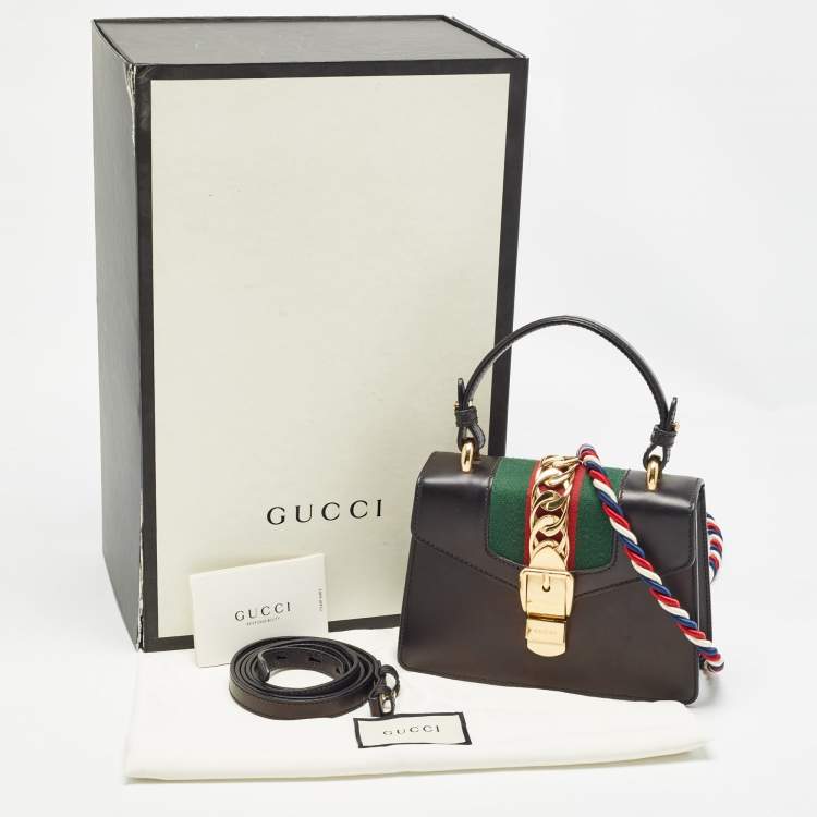 Pre Owned Gucci Black Leather Mini Web Chain Sylvie Top Handle Bag
