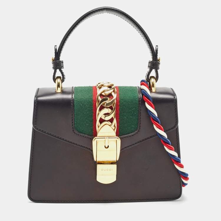 Pre Owned Gucci Black Leather Mini Web Chain Sylvie Top Handle Bag