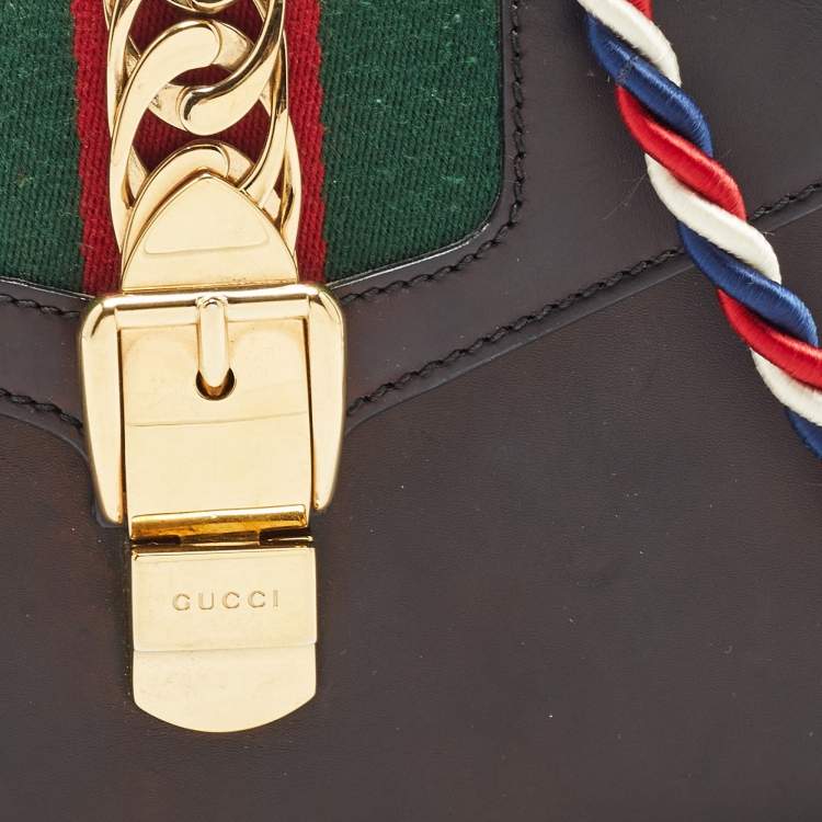Pre Owned Gucci Black Leather Mini Web Chain Sylvie Top Handle Bag