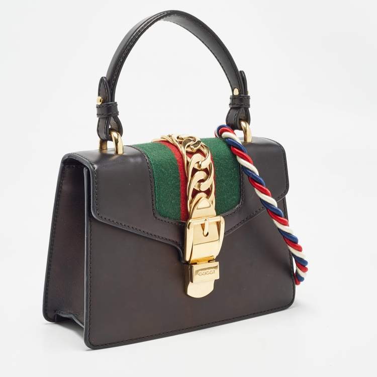 Pre Owned Gucci Black Leather Mini Web Chain Sylvie Top Handle Bag