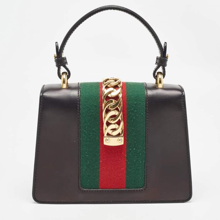 Pre Owned Gucci Black Leather Mini Web Chain Sylvie Top Handle Bag
