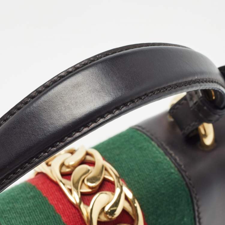 Pre Owned Gucci Black Leather Mini Web Chain Sylvie Top Handle Bag