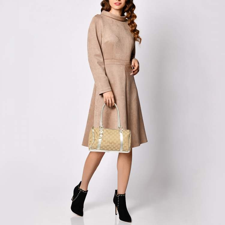 Pre Owned Gucci Beige/Gold GG Canvas and  Leather Small Abbey Boston Bag