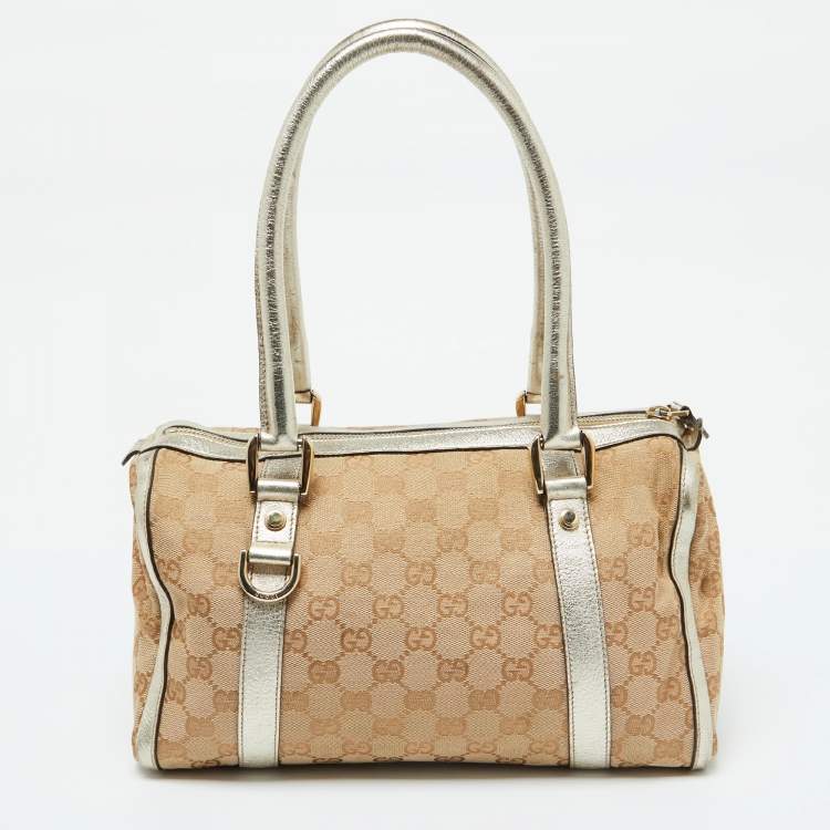 Pre Owned Gucci Beige/Gold GG Canvas and  Leather Small Abbey Boston Bag