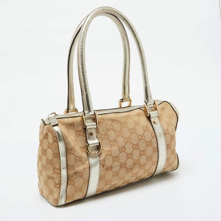 Pre Owned Gucci Beige/Gold GG Canvas and  Leather Small Abbey Boston Bag