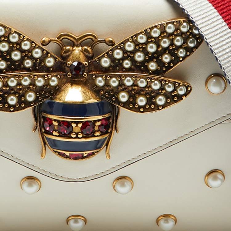 Pre Owned Gucci Off White Leather Mini Faux Pearl Studded Broadway Bee Shoulder Bag