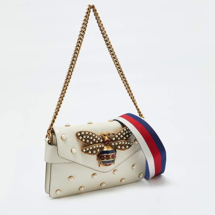 Pre Owned Gucci Off White Leather Mini Faux Pearl Studded Broadway Bee Shoulder Bag
