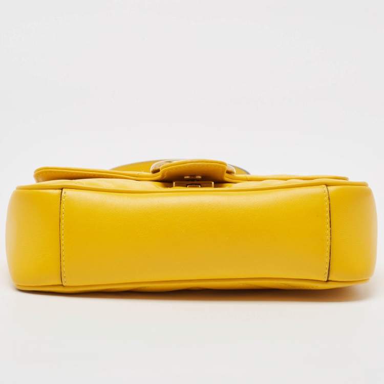 Pre Owned Gucci Yellow Matelassé Leather Mini GG Marmont Shoulder Bag