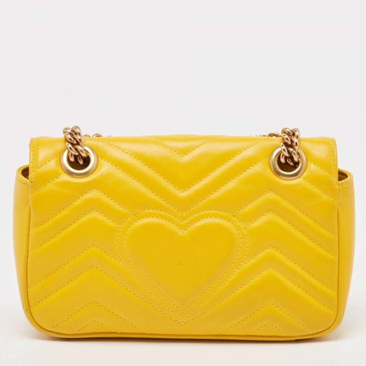 Pre Owned Gucci Yellow Matelassé Leather Mini GG Marmont Shoulder Bag
