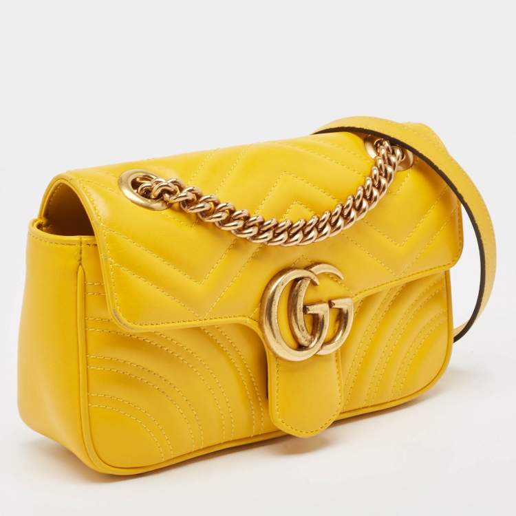 Pre Owned Gucci Yellow Matelassé Leather Mini GG Marmont Shoulder Bag