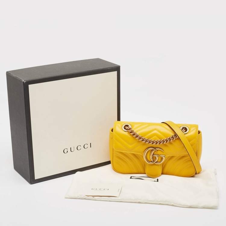 Pre Owned Gucci Yellow Matelassé Leather Mini GG Marmont Shoulder Bag