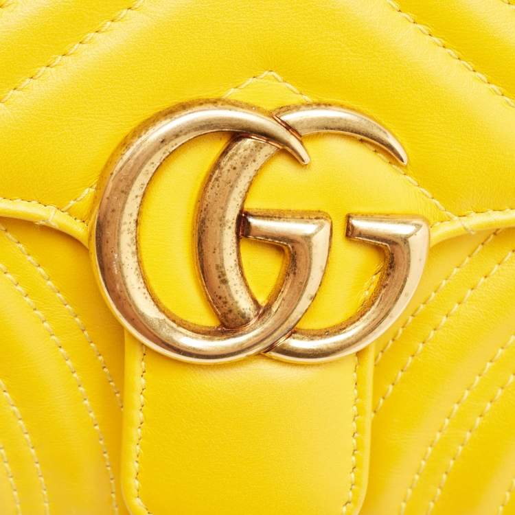 Pre Owned Gucci Yellow Matelassé Leather Mini GG Marmont Shoulder Bag