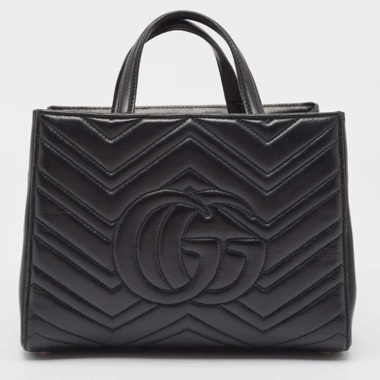 Pre Owned Gucci Black Matelasse Leather Small GG Marmont Tote