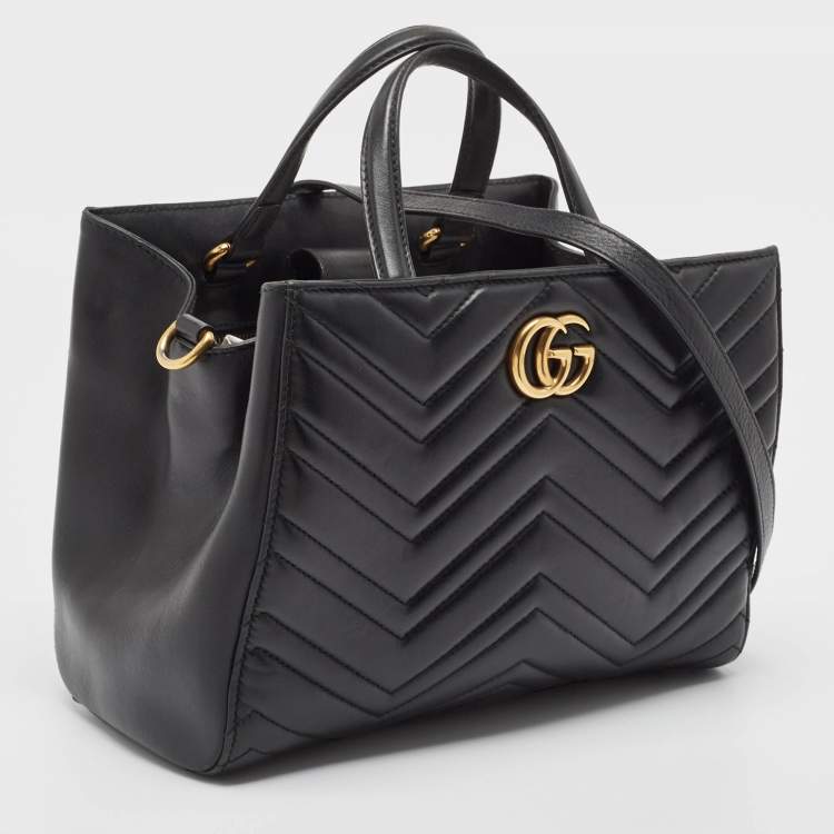 Pre Owned Gucci Black Matelasse Leather Small GG Marmont Tote