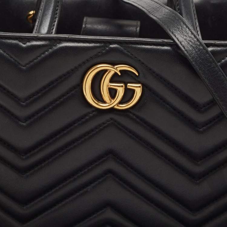 Pre Owned Gucci Black Matelasse Leather Small GG Marmont Tote