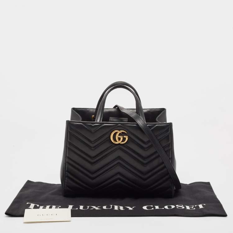 Pre Owned Gucci Black Matelasse Leather Small GG Marmont Tote