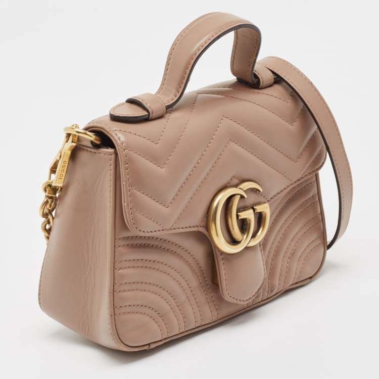 Pre Owned Gucci Beige Matelasse Leather Mini GG Marmont Top Handle Bag