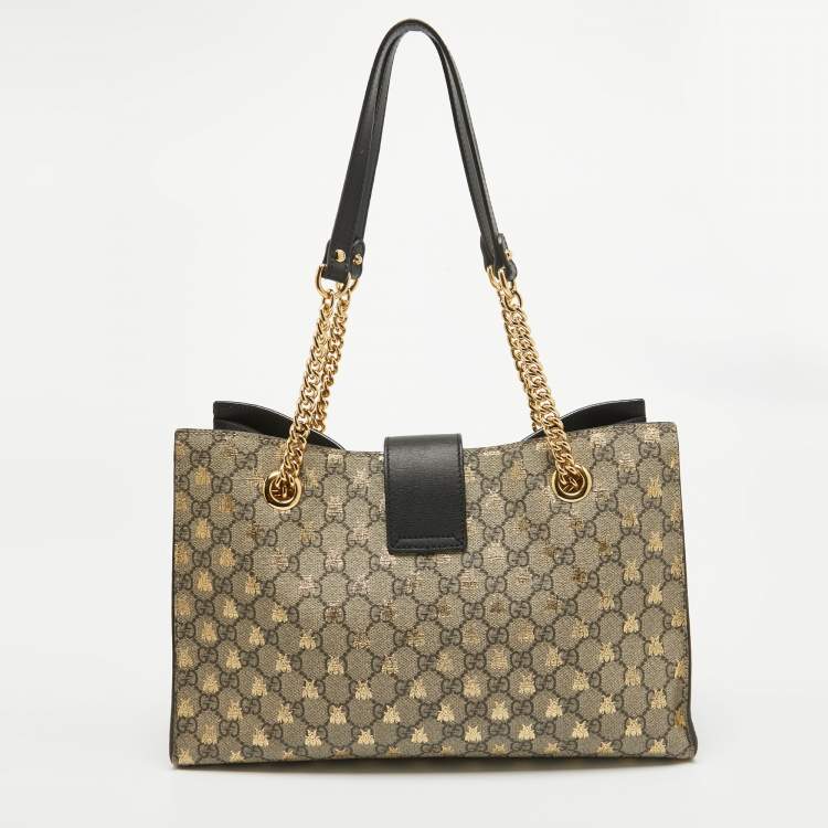 Pre Owned Gucci Black/Beige GG Supreme Canvas and Leather Padlock Bee Tote