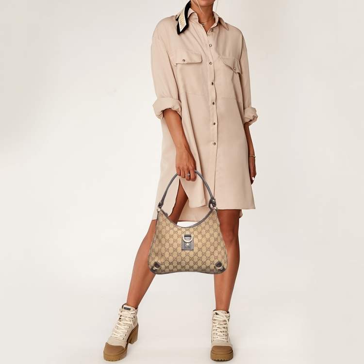 Pre Owned Gucci Beige/Brown GG Canvas and Leather Small Abbey D Ring Hobo