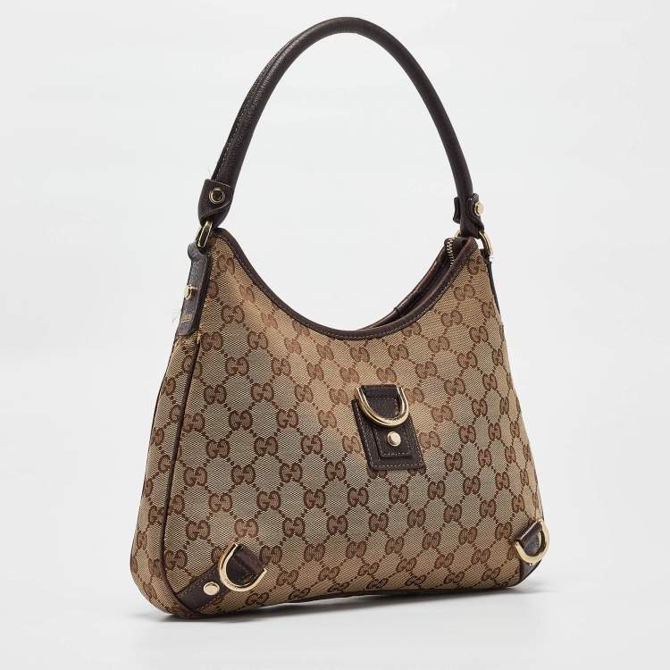 Pre Owned Gucci Beige/Brown GG Canvas and Leather Small Abbey D Ring Hobo