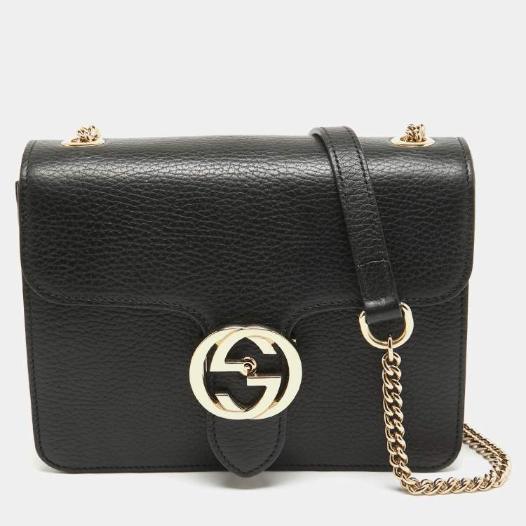 Pre Owned Gucci Black Leather Dollar Interlocking G Crossbody Bag