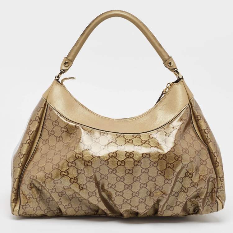 Pre Owned Gucci Beige/Gold GG Crystal Canvas Large D Ring Hobo