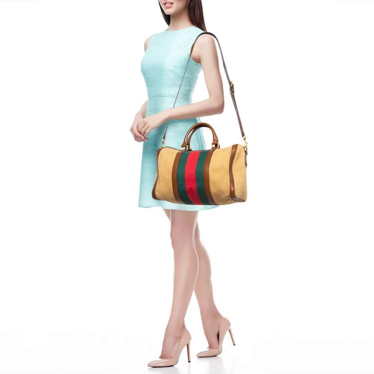 Pre Owned Gucci Brown/Tan Canvas Medium Vintage Web Boston Bag