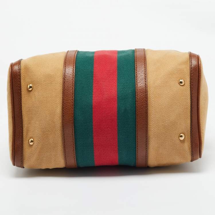 Pre Owned Gucci Brown/Tan Canvas Medium Vintage Web Boston Bag