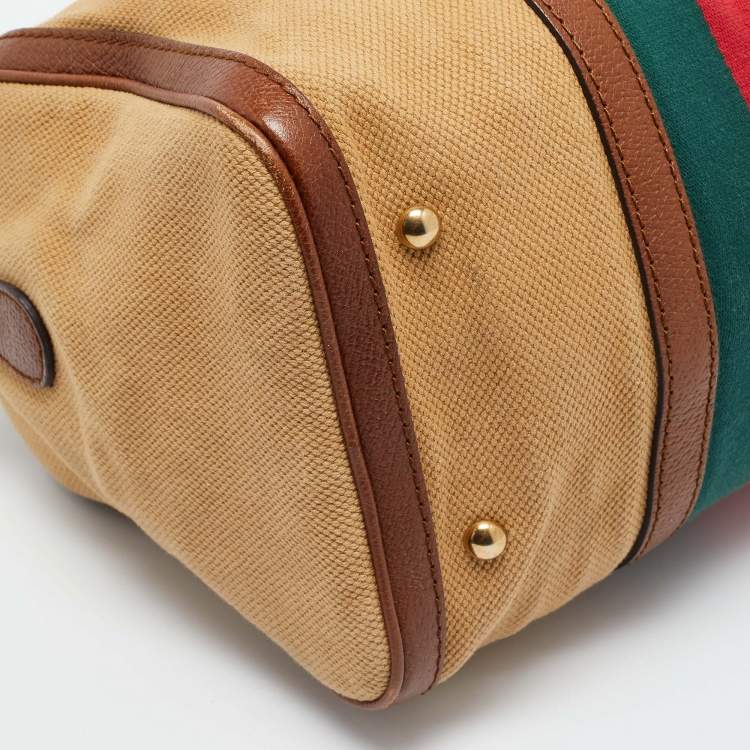 Pre Owned Gucci Brown/Tan Canvas Medium Vintage Web Boston Bag