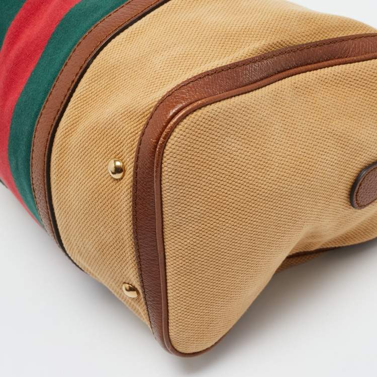 Pre Owned Gucci Brown/Tan Canvas Medium Vintage Web Boston Bag