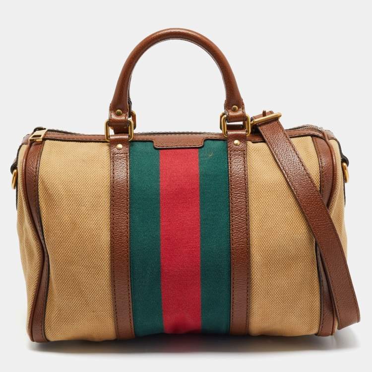 Pre Owned Gucci Brown/Tan Canvas Medium Vintage Web Boston Bag